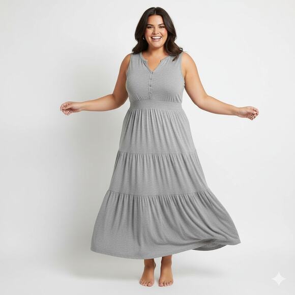 Molly & Isadora Plus Size Dress 1X Womens Tiered Ruffle Maxi Lounge Stretch Boho - Picture 1 of 6